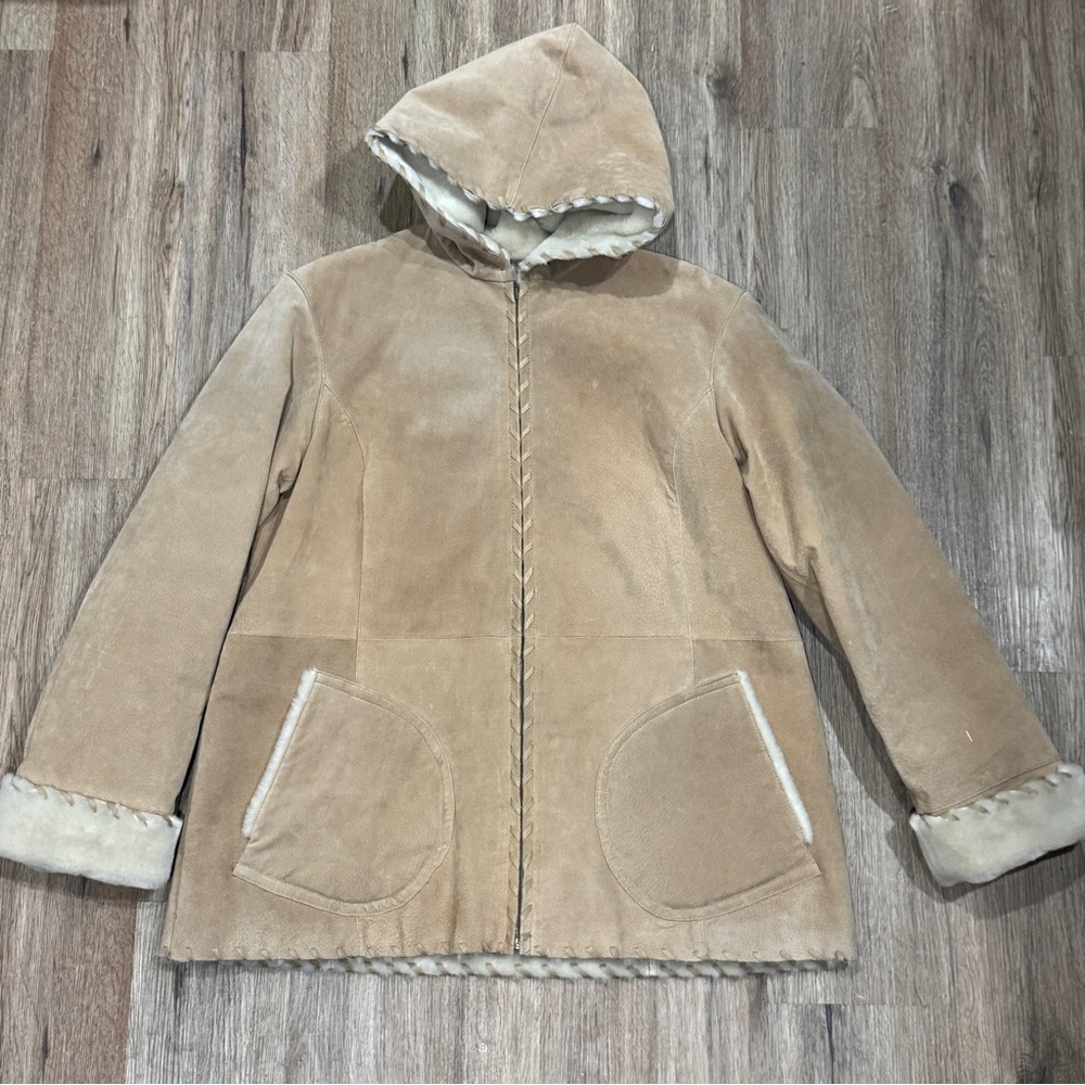 Wilsons Leather Tan Suede Coat Ivory Faux Fur Lined Hooded Jacket Womens 1X - Picture 14 of 15